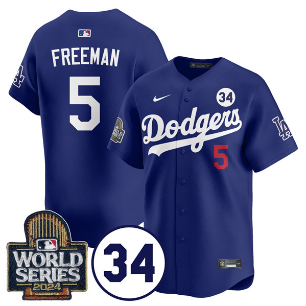 Los Angeles Dodgers #5 Freddie Freeman Royal 2024 World Series With No. 34 Patch Cool Base Stitched Jersey - Click Image to Close